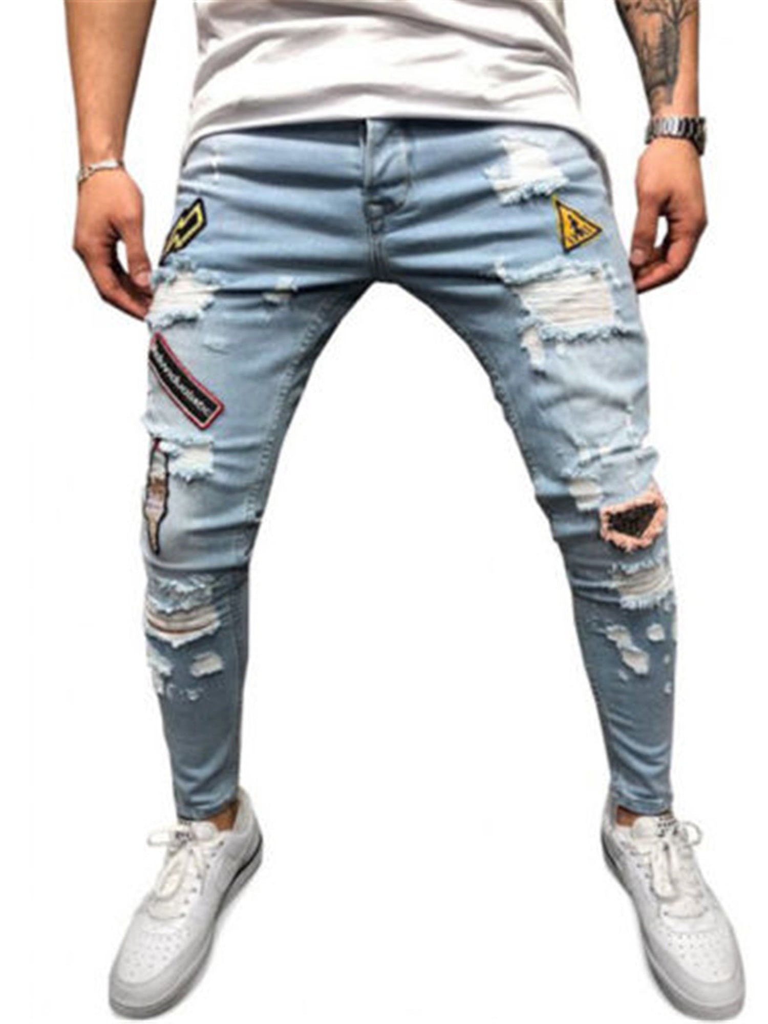 Sunisery Men's Regular Fit Stacked Jeans Patch Distressed Denim Pants Streetwear,Light Blue, Size: Small