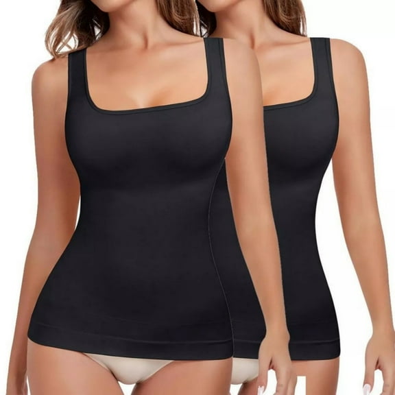 MISS COCOLI 2 Pack Women Square Neck Tummy Control Shapewear Tank Tops Wide Strap Thickened Camisole Compression Basic Body Shaper