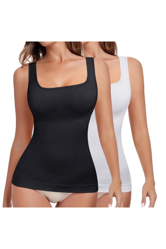 2 Pack Women Square Neck Tummy Control Shapewear Tank Tops Wide Strap Thickened Camisole Compression Basic Body Shaper