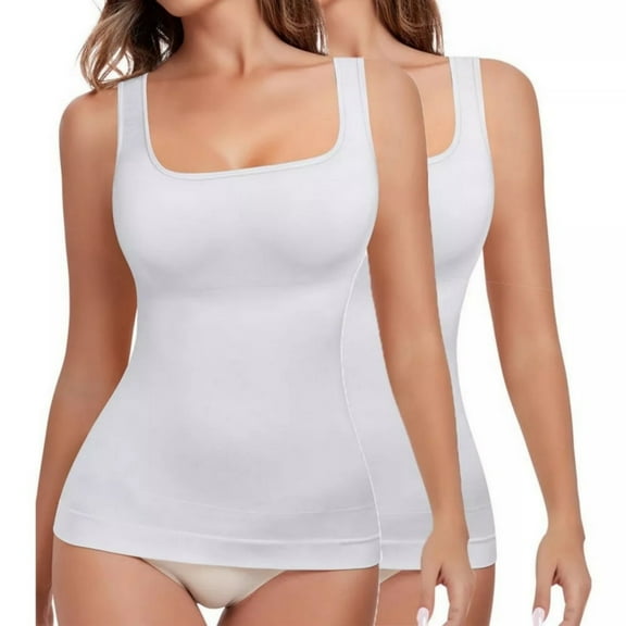 MISS COCOLI 2 Pack Women Square Neck Tummy Control Shapewear Tank Tops Wide Strap Thickened Camisole Compression Basic Body Shaper