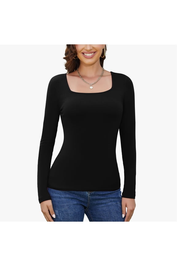 Long Sleeve Thermal Tops For Women Square Neck Fleece Lined Base Layer Basic Shirt Ribbed Undershirts