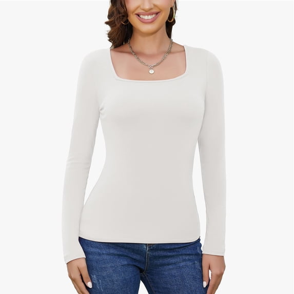 MISS COCOLI Long Sleeve Thermal Tops For Women Square Neck Fleece Lined Base Layer Basic Shirt Ribbed Undershirts