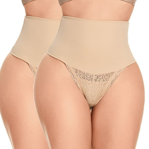 MISS COCOLI Tummy Control Shapewear Panties For Women High Waisted Shaping Underwear Slimming Lace Thong Body Shaper 2 Pack