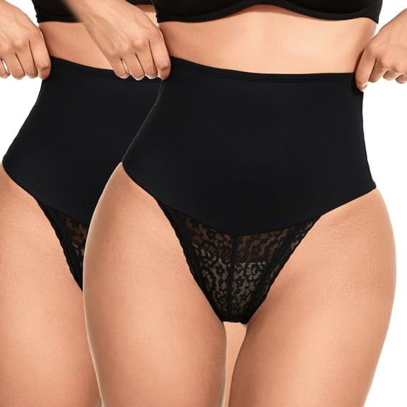 MISS COCOLI Tummy Control Shapewear Panties For Women High Waisted Shaping Underwear Slimming Lace Thong Body Shaper 2 Pack