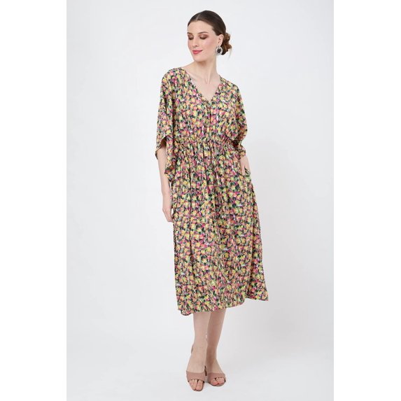 MISS LAVISH LONDON Beach Dress Swim Cover Up Drawcord At The Waist and V-shaped Neckline Kaftan Dresses for Women - 174-Motley Green, Large