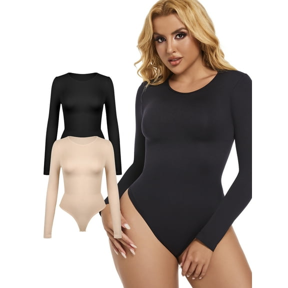 MISS MOLY 2 PACK Tummy Control Bodysuits for Women Long Sleeve Shapewear Scoop Neck Thong Body Shaper Tops