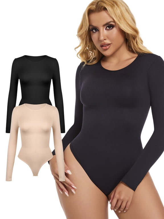 2 PACK Tummy Control Bodysuits for Women Long Sleeve Shapewear Scoop Neck Thong Body Shaper Tops