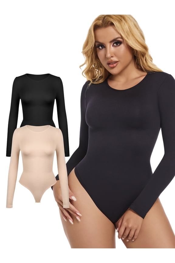 2 PACK Tummy Control Bodysuits for Women Long Sleeve Shapewear Scoop Neck Thong Body Shaper Tops