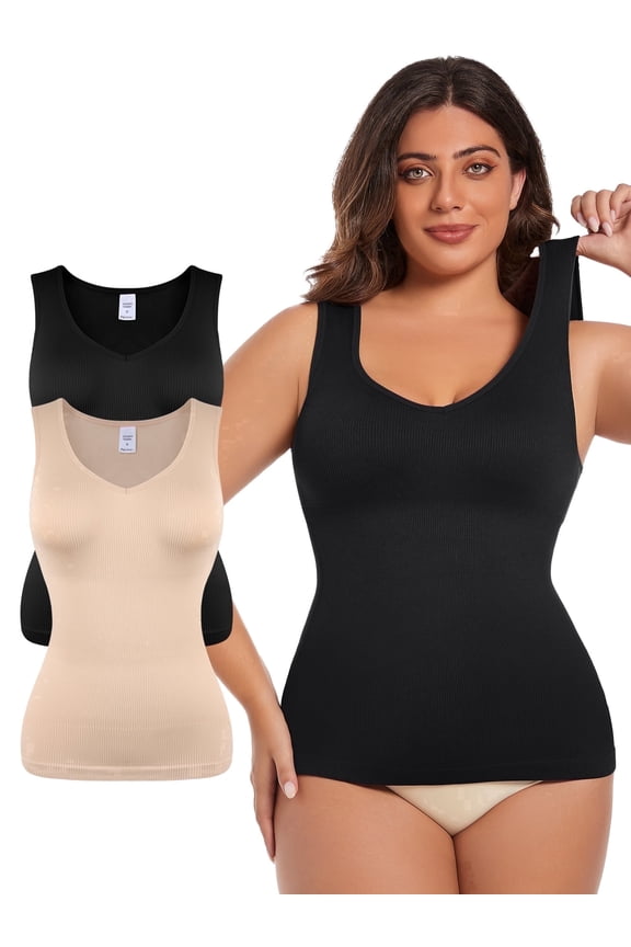 2 Pack Shapewear Tummy Control Tank Top Compression Tanks for Women V-Neck Camisole Cami Slimming Body Shaper