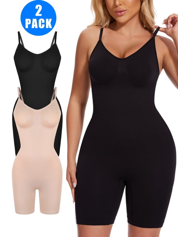 2 Pack Women's Control Slip Shapers Full Body Shapewear Bodysuits Seamless Thigh Slimmer One Piece Jumpsuit