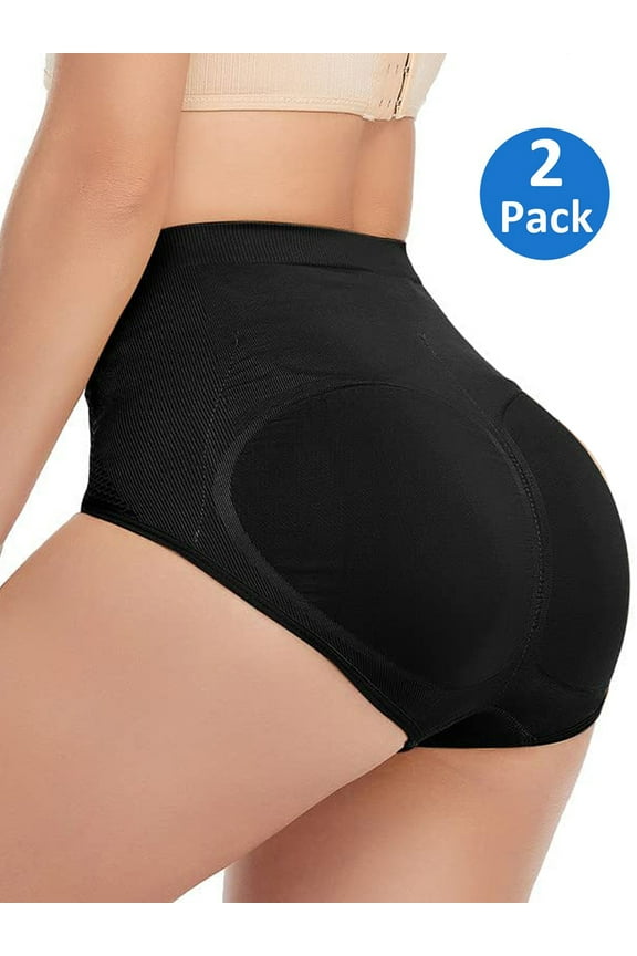 2 Pack Womens Mid Waist Padded Butt Lifter Tummy Control Panties Underwear with Removable Pads