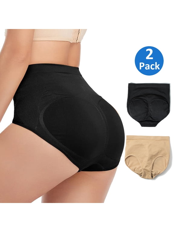 2 Pack Womens Mid Waist Padded Butt Lifter Tummy Control Panties Underwear with Removable Pads