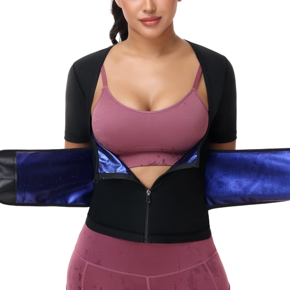 MISS MOLY Sauna Suit for Women Double Belt Waist Trainer 5x Sweat Workout Tank Top Short Sleeve Zipper