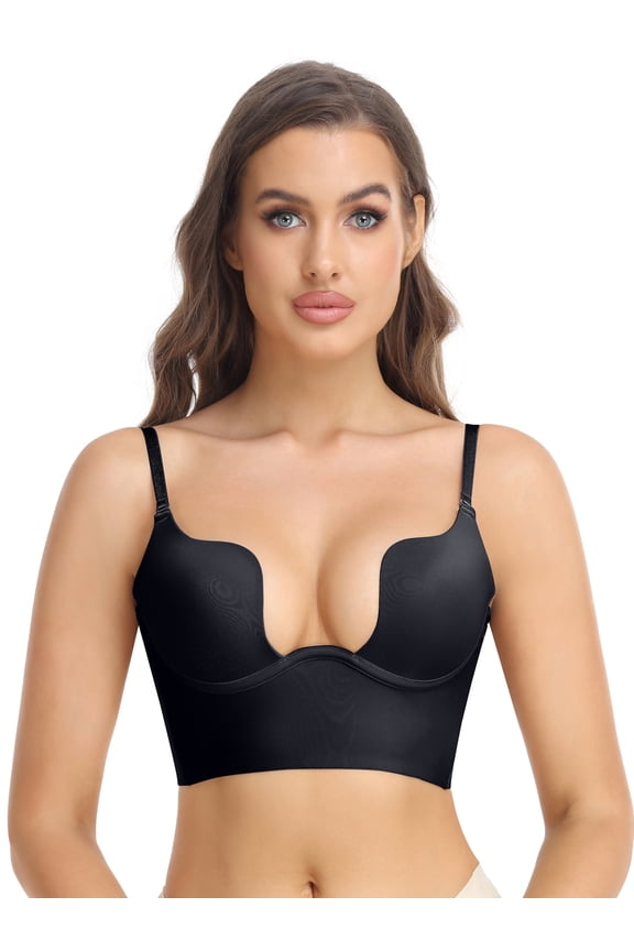Women's Deep Plunge Bra Push up Low Cut Seamless Backless Shapewear Bra for Dress with Adjustable Straps
