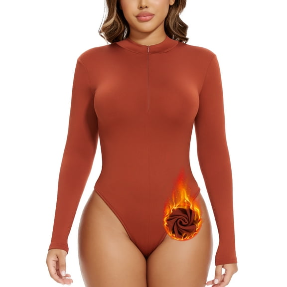 MISS MOLY Women's Fleece Lined Bodysuits Mock Turtle Neck Zip Front Long Sleeve Tops T Shirt