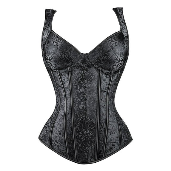 MISS MOLY Women's Gothic Jacquard Shoulder Straps Tank Overbust Corset Bustiers Plus Size Black, Style CZ9994