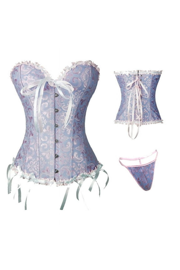 Women's Lace Up Boned Plus Size Overbust Corset Bustier Bodyshaper Top Blue L