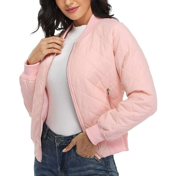 MISS MOLY Women's Quilted Jacket Long Sleeve Zip up Raglan Bomber Jacket with Pockets Pink XS