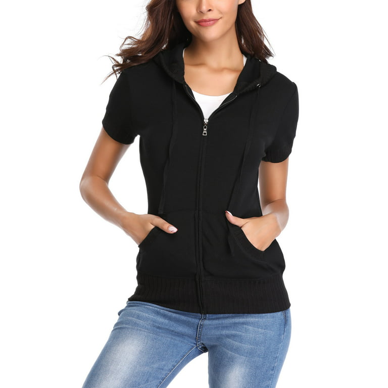 MISS MOLY Women's Short Sleeve Hoodie Jacket Zip Up Cotton Slim Fit  Sweatshirt Kanga Pocket Black XS 