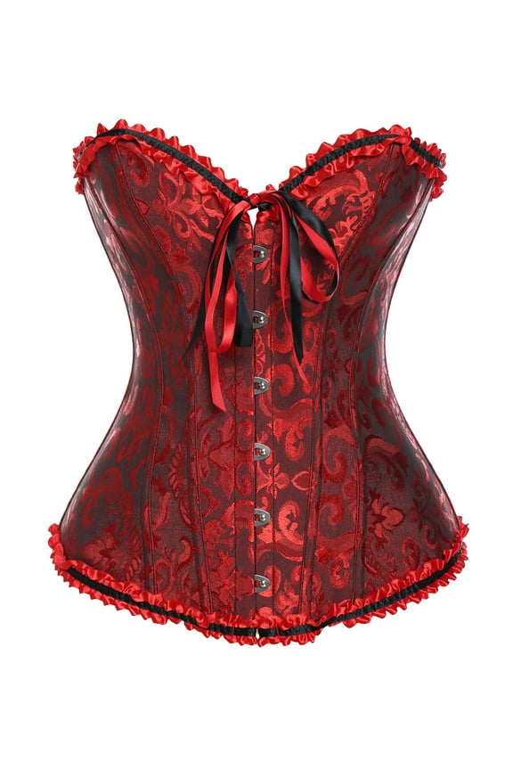 Womens Floral Black Lace Trim Corset Overbust Waist Cincher Bustier Top with G-string Plus Size