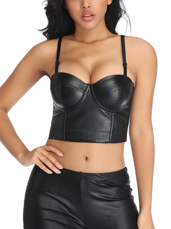Womens PU Leather Bustier Crop Top Gothic Punk Push Up Women's Corset Top Bra