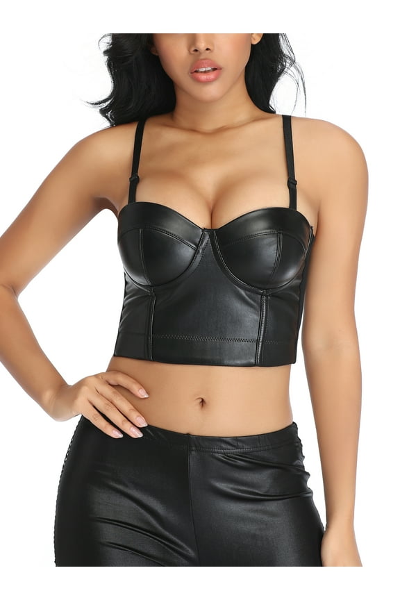 Womens PU Leather Bustier Crop Top Gothic Punk Push Up Women's Corset Top Bra