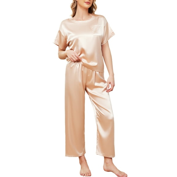 MISS MOLY Womens Satin Silky Pajama Set Short Sleeve Shirt with Long Pajama Set Soft PJ Loungewear