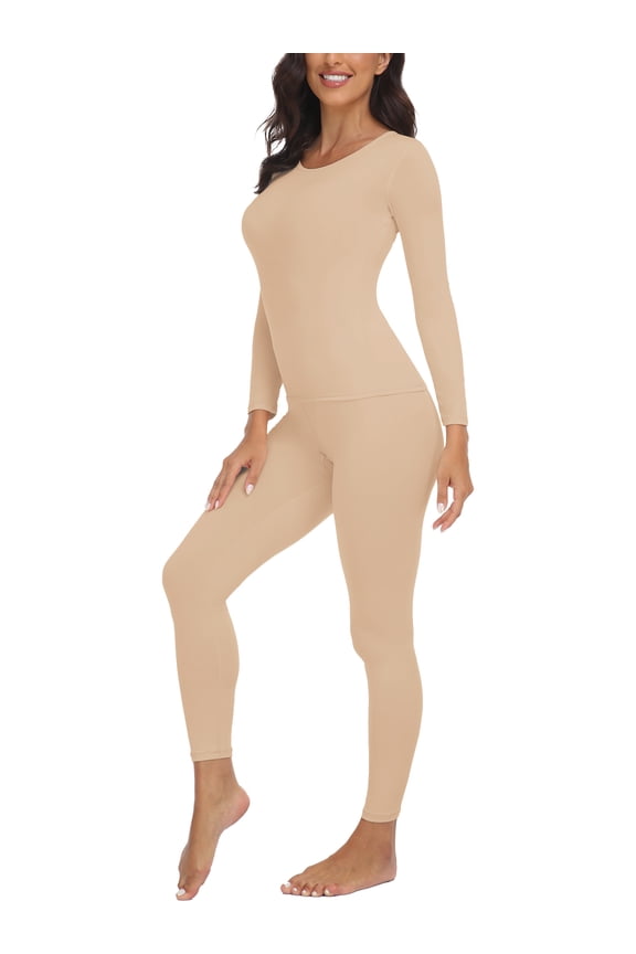 Womens Thermal Underwear Sets Scoop Neck Shirt Tummy Slimming Shapewear Long Sleeve Baselayer