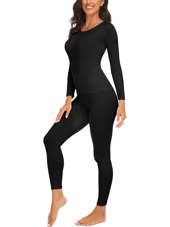 Womens Thermal Underwear Sets Scoop Neck Shirt Tummy Slimming Shapewear Long Sleeve Baselayer
