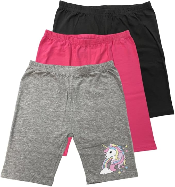 3-Pack Girls Biker Shorts Soft Comfortable Cotton Spandex Elastic Waistband Cute Designs Sizes 4-16