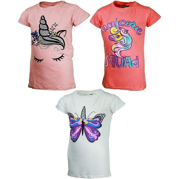 MISS POPULAR Girls 3-Pack Short Sleeve T-Shirts – Super Soft Cotton Graphic Tees with Unicorn & Glitter Print (Combo A, Size 7/8)