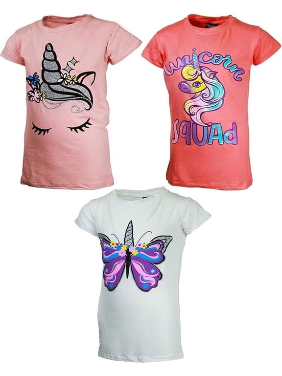 Girls 3-Pack Short Sleeve T-Shirts – Super Soft Cotton Graphic Tees with Unicorn & Glitter Print (Combo A, Size 7/8)