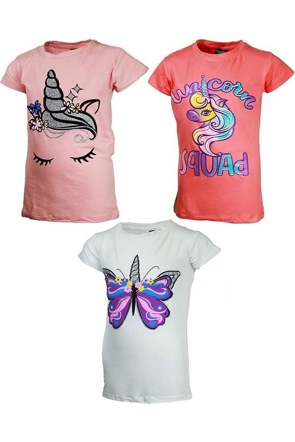 Girls 3-Pack Short Sleeve T-Shirts – Super Soft Cotton Graphic Tees with Unicorn & Glitter Print