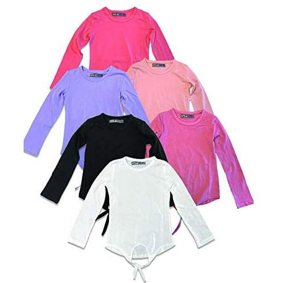MISS POPULAR 5-Pack Girls Kids Long Sleeve T Shirt with Tie Front Cotton Crew Neck Soft Fabric Many Colors Size 4-16