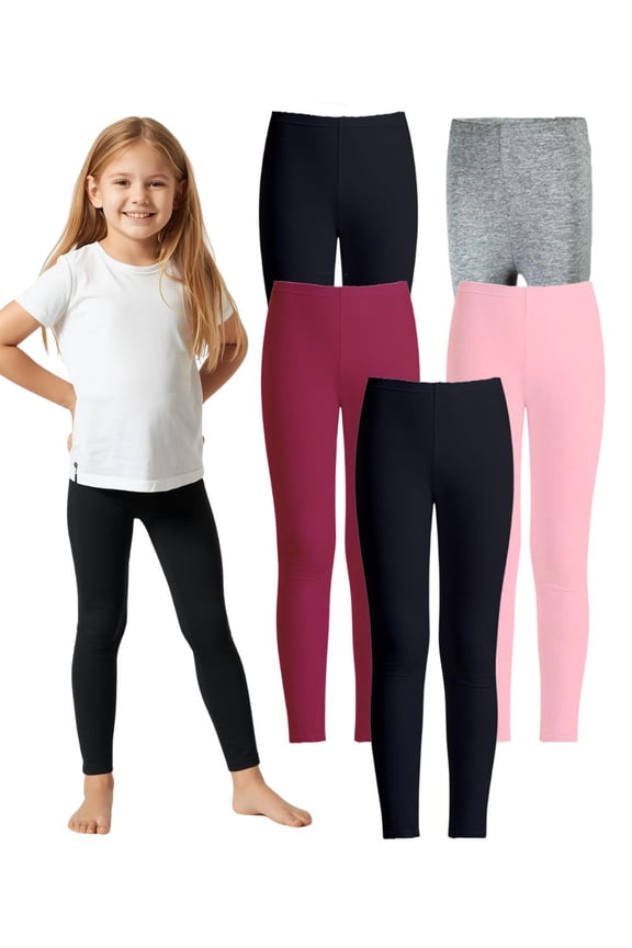 5-Pack Girls Leggings Sizes 4-16 Soft Comfortable Cotton Spandex with Elastic Waistband Many Colors