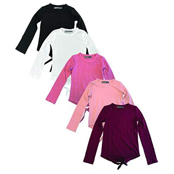 MISS POPULAR 5pcs Girls Kids Long Sleeve Shirt Set with Tie Front Cotton Crew Neck Soft Fabric Many Colors Size 4-16