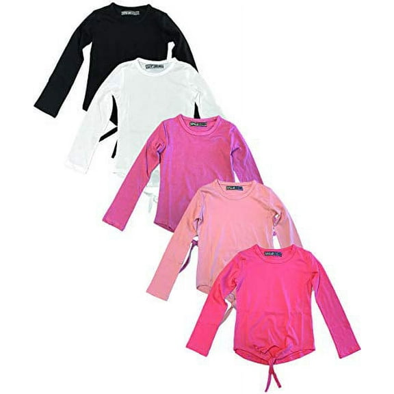 MISS POPULAR 5pcs Girls Kids Long Sleeve Shirt Set with Tie Front Cotton Crew Neck Soft Fabric Many Colors Size 4-16