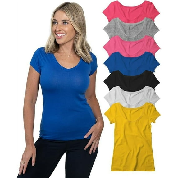 MISS POPULAR 7 Pack Vneck T-Shirts for Women, Solid Multi-Color Essential Casual Layering Shirts | S-2XL