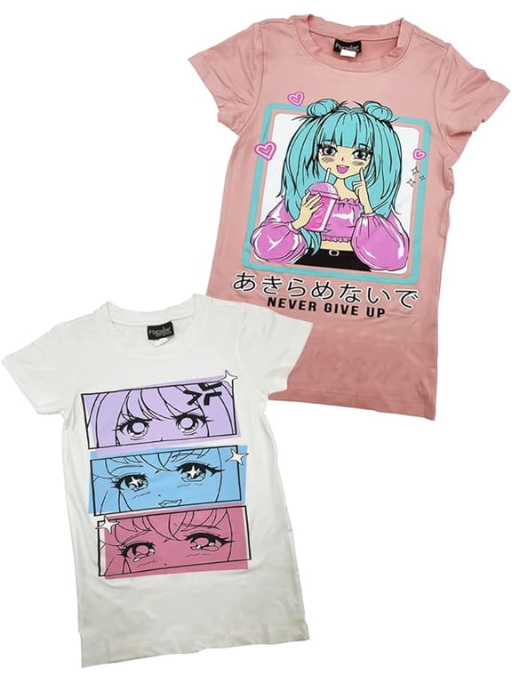 Girls 2-Pack Anime Japanese Art Print Super Soft Short Sleeve T-Shirts Cute Design| Sizes 7-16
