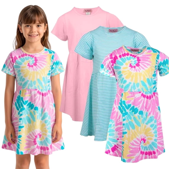 MISS POPULAR Girls 3 Pack Short Sleeve Skater Dress Soft Cotton Cute Designs Spring Summer | Sizes 4-16