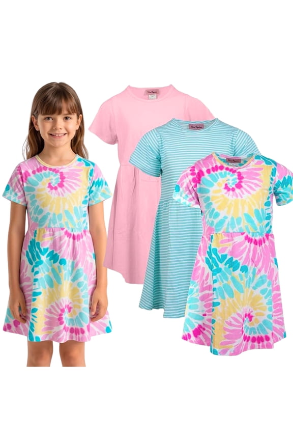 Girls 3 Pack Short Sleeve Skater Dress Soft Cotton Cute Designs Spring Summer | Sizes 4-16