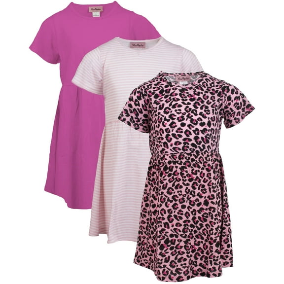 MISS POPULAR Girls 3 Pack Short Sleeve Skater Dress Soft Cotton Cute Designs Spring Summer | Sizes 4-16