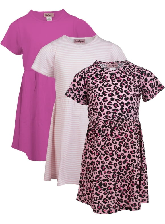 Girls 3 Pack Short Sleeve Skater Dress Soft Cotton Cute Designs Spring Summer | Sizes 4-16