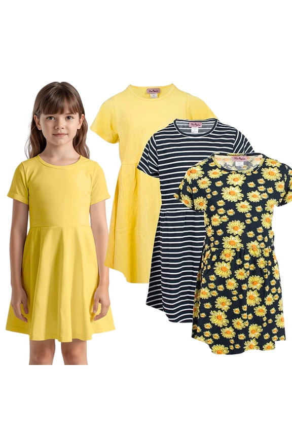 Girls 3 Pack Short Sleeve Skater Dress Soft Cotton Cute Designs Spring Summer | Sizes 4-16