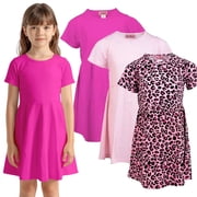 MISS POPULAR Girls 3 Pack Short Sleeve Skater Dress Soft Cotton Cute Designs Spring Summer | Sizes 4-16