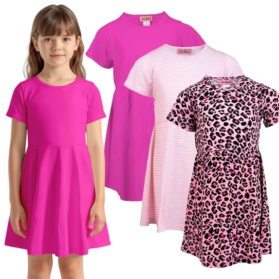 MISS POPULAR Girls 3 Pack Short Sleeve Skater Dress Soft Cotton Cute Designs Spring Summer | Sizes 4-16