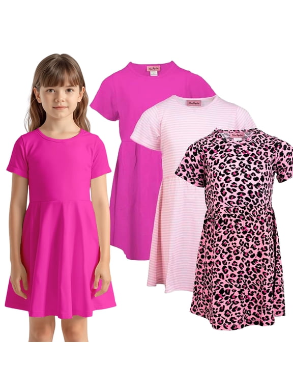 Girls 3 Pack Short Sleeve Skater Dress Soft Cotton Cute Designs Spring Summer | Sizes 4-16