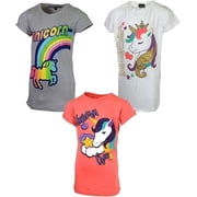 MISS POPULAR Girls 3-Pack Super Soft Short Sleeve T-Shirts Unicorn Butterfly Glitter Print Cute Design| Sizes 7-16 Combo C, 14/16