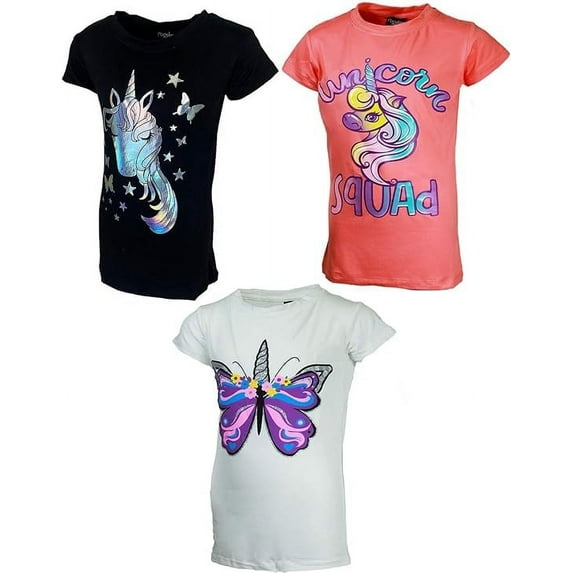 MISS POPULAR Girls 3-Pack Short Sleeve T-Shirts – Super Soft Cotton Graphic Tees with Unicorn & Glitter Print (Combo A, Size 7/8)