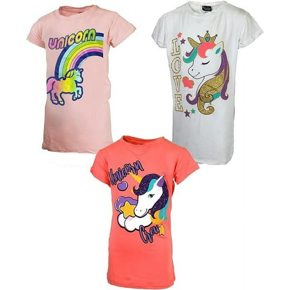MISS POPULAR Girls 3-Pack Super Soft Short Sleeve T-Shirts Unicorn Butterfly Glitter Print Cute Design| Sizes 7-16